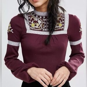 Free People Embroidered Burgundy Lace Trim Boho Top
